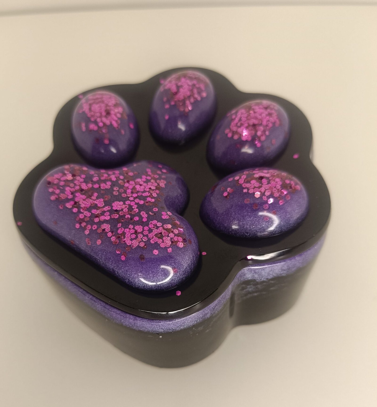 Boîte Patte de Chat Noir avec Coussiné Violet Pailleté Rose